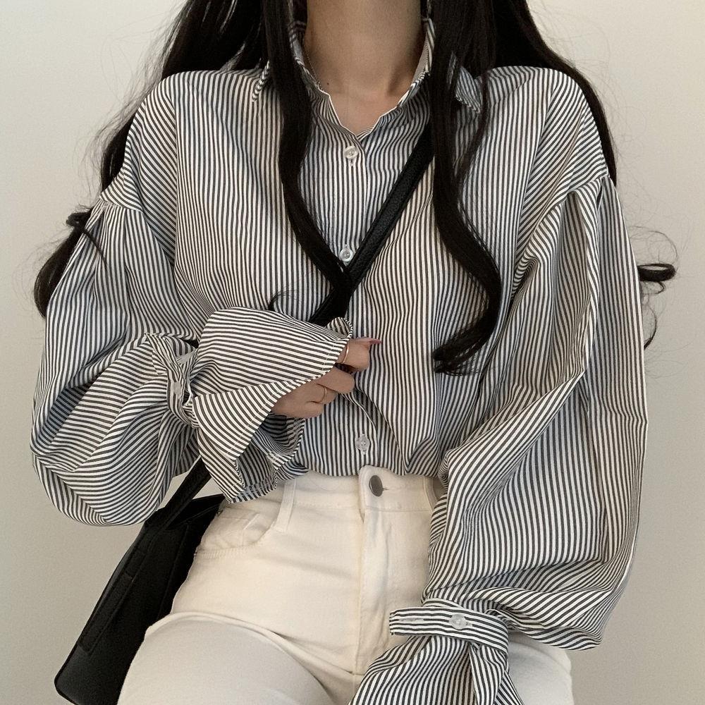 Spring  Lantern Sleeve Striped Shirt Top for Women New Korean Academy Style Design Loose