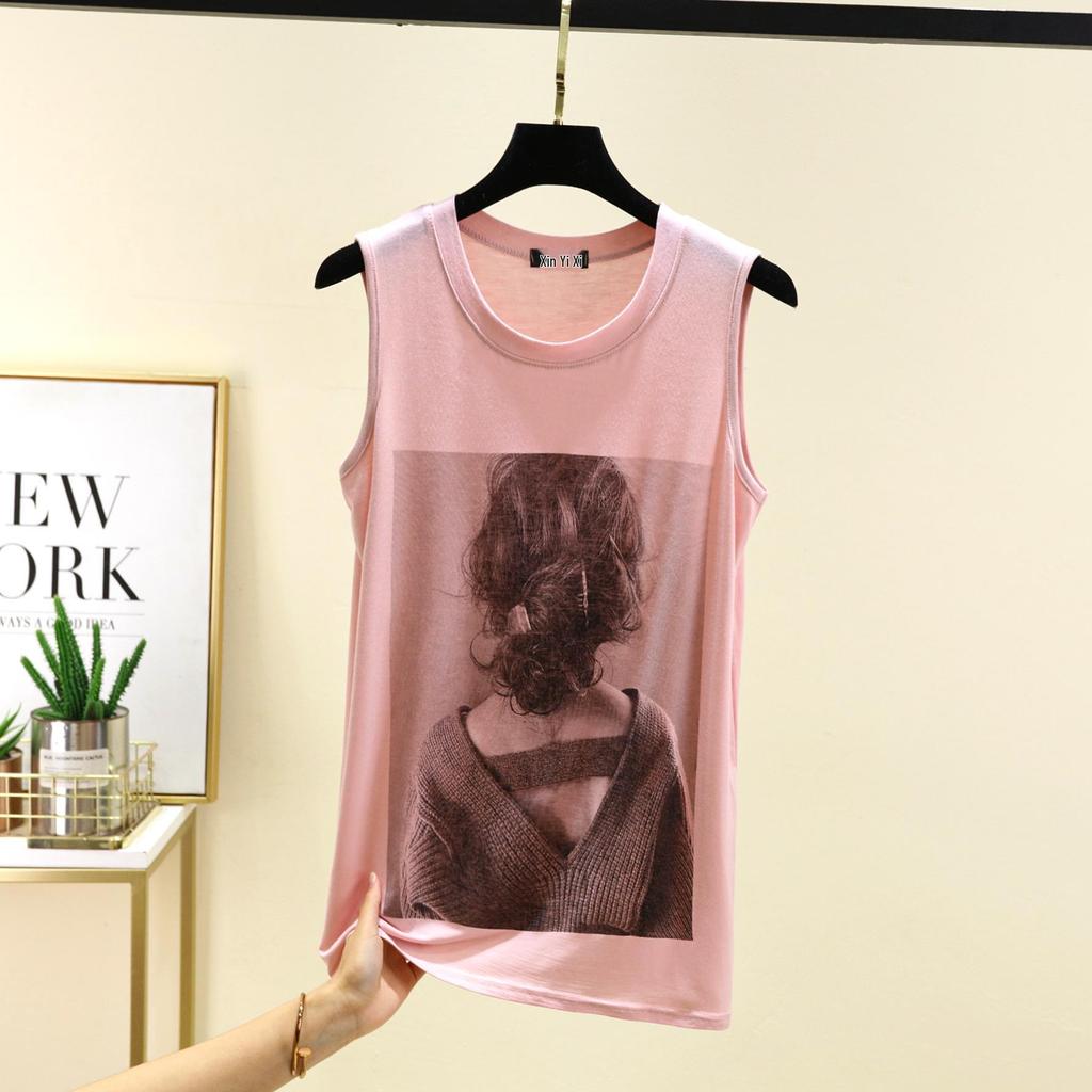 Letnia Bezrękawnikowa Kamizelka z Okrągłym Dekoltem i Nadrukiem z Modal