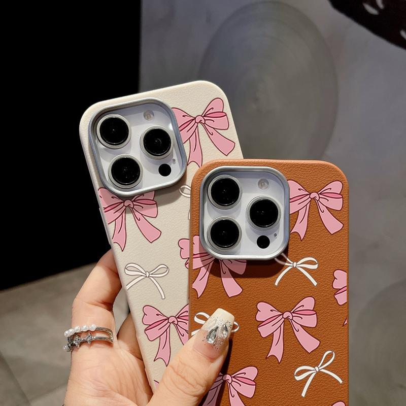 Cute Pink Bow Phone Case For iPhone 16 Pro Max Coque for iPhone 15 14 13 Pro Max 16e Magnetic Leather Texture Silicone Case Cover