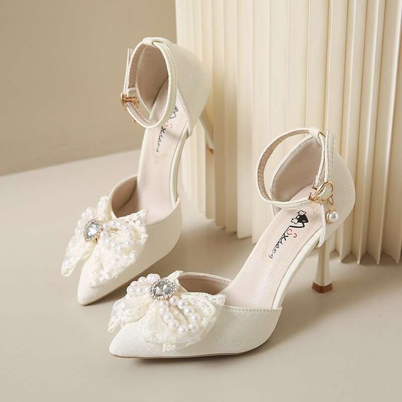 Fairy style bag head sandals female thin heel pointed high heels summer new pearl bow versatile hollow shoes