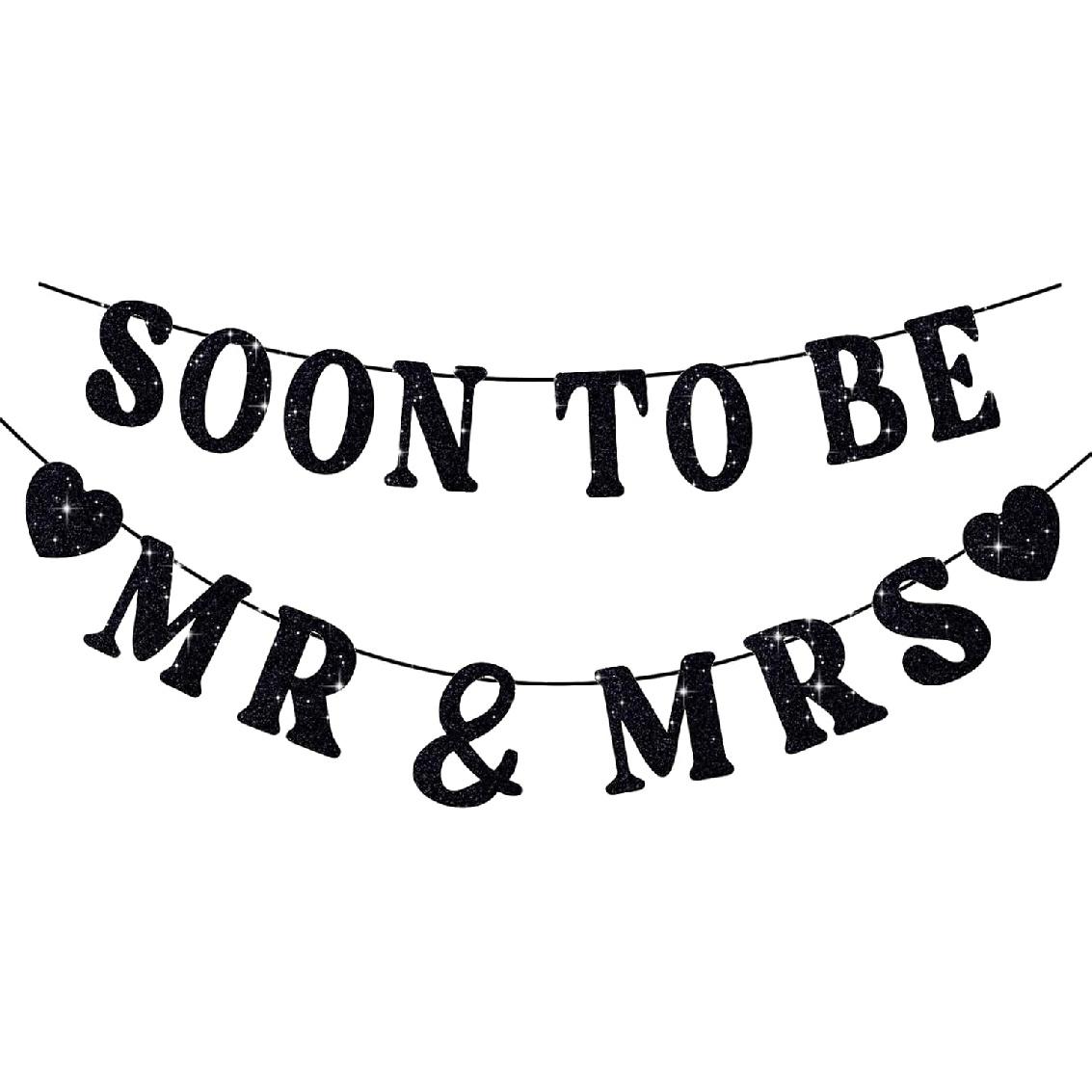 Soon To Be Mr & Mrs Sign Banner For Bridal Shower Decorations, Pre-strung Gold Glitter Wedding Shower Decorations For Home Party, Engagement Banner чёрный