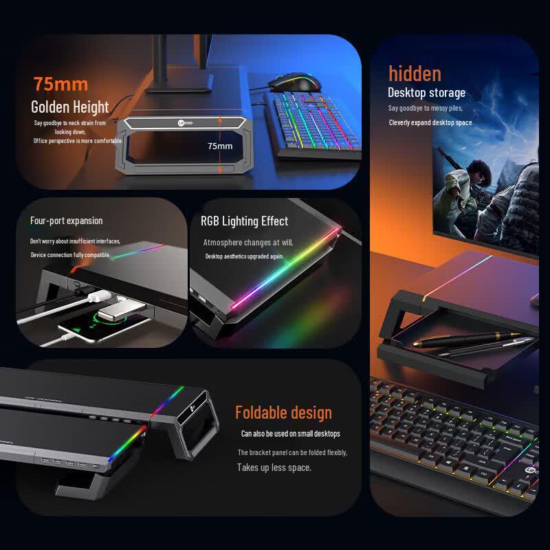 Lenovo Lakoo MR101 RGB Monitor Riser with USB Hub & Storage