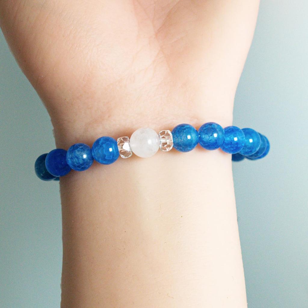 Pulseira de Pedra Natural Seventh Stone, Ágata Dragão Azul, 8mm, Diâmetro Interno 16cm, para Homens e Mulheres