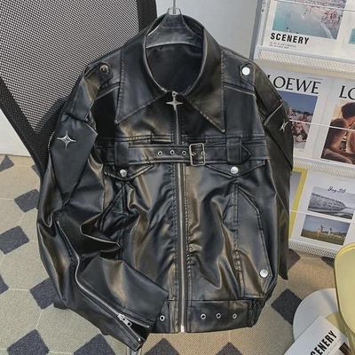 Amerikanische Retro-PU-Lederjacke für Herren – lässiger Hip-Hop-Stil mit Reißverschluss und Revers für Frühling und Herbst.