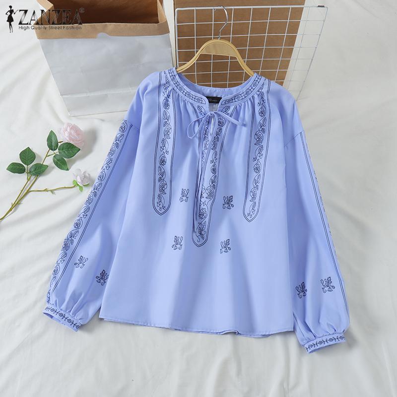 ZANZEA Damen Bluse mit Rundhalsausschnitt, langen Ärmeln und Schnürung, bedruckt