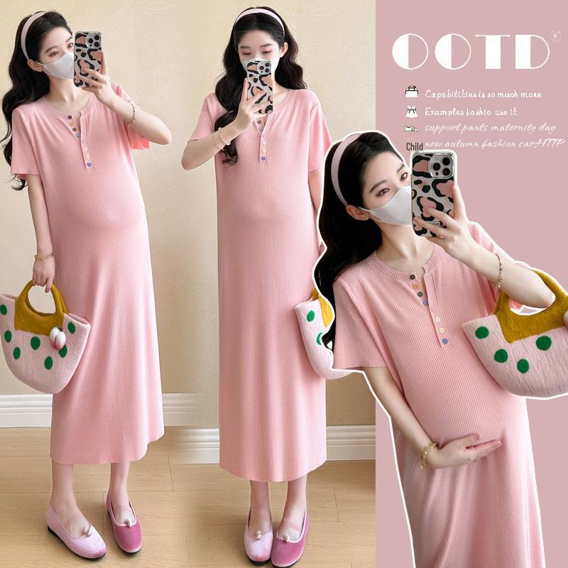 Summer 2026 Maternity Dress: Colorful Button V-Neck Ice Silk Knit, Mid-Length M
