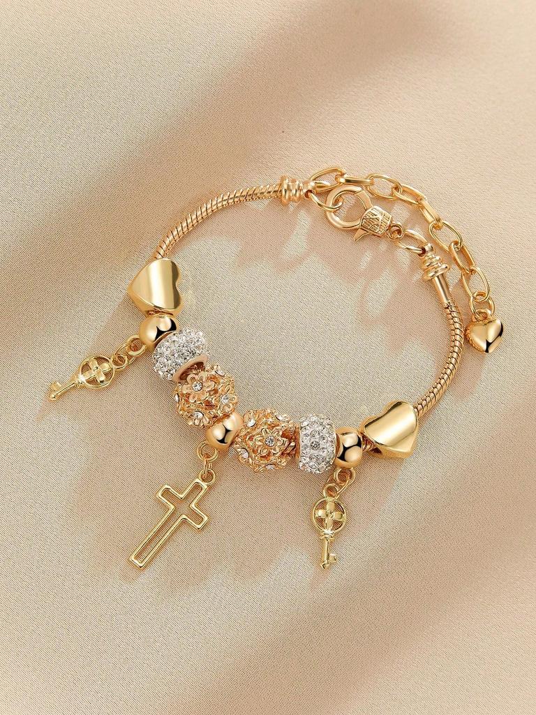 1pc European And American Fashion Heart, Cross, Floral Beaded Bracelet, Women Stylish Cross Pendant Bracelet