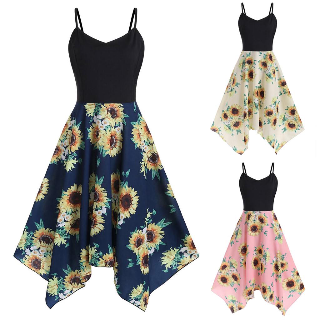 

Плюс размер модное женское асимметричное платье-платок с принтом подсолнуха