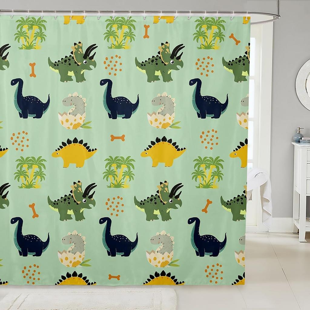 Cartoon Dinosaur Shower Curtain Coconut Tree Hawaii Tropical Bathroom Shower Curtain Sets | Ancient Wild Animals Waterproof
