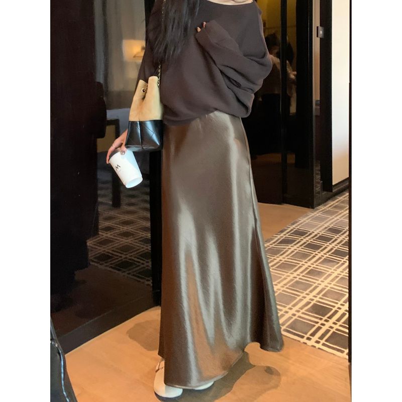 Kumikumi High-Grade Solid Elegant Satin Versatile Skirt Women's Autumn High Waist Slimming Fishtail Skirt Long Dress