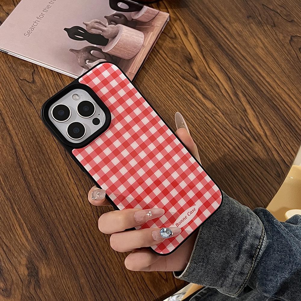 Plaid Fruit Stand iPhone 14/16/17 Pro Max Epoxy Retro Couple Phone Case