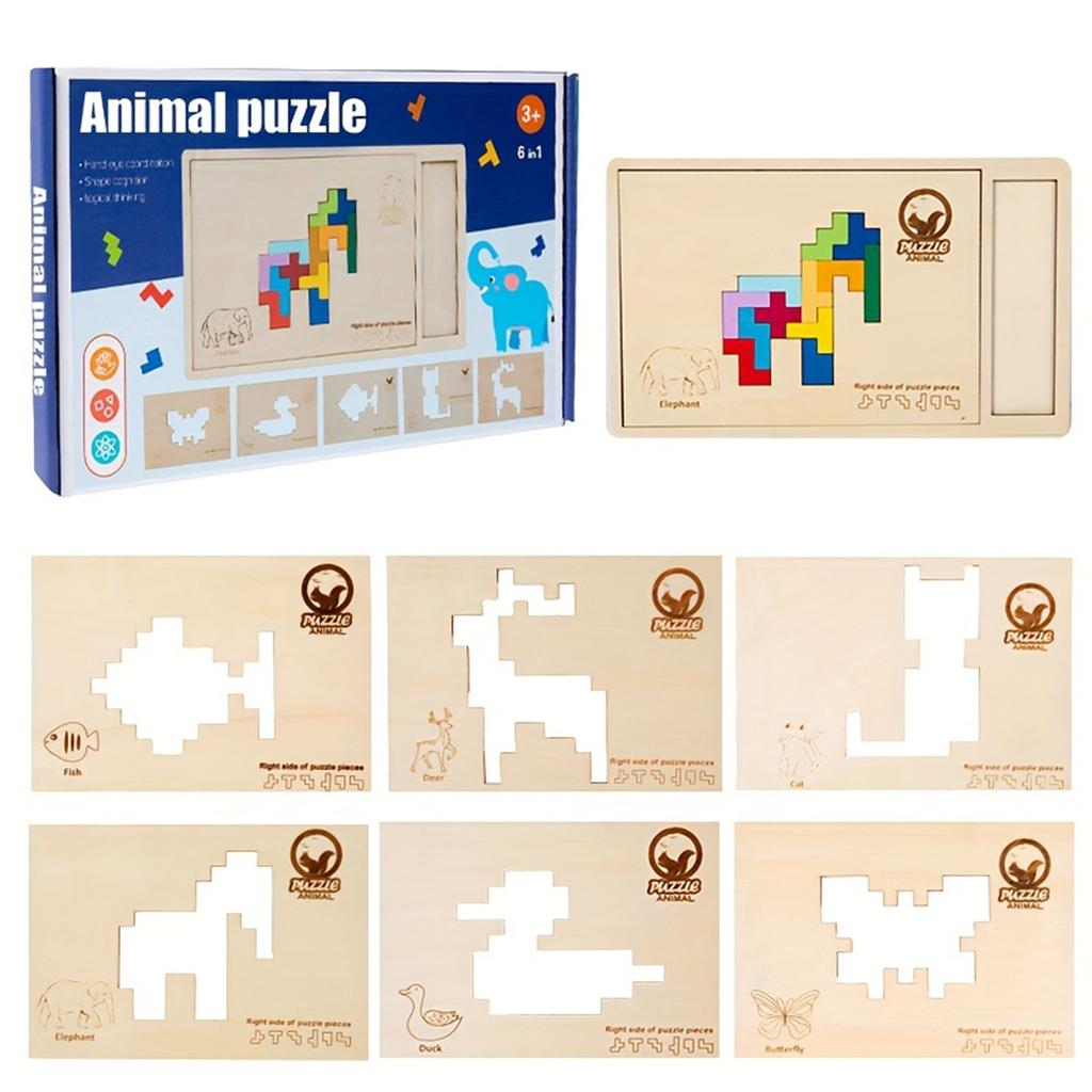 Kids Wooden 3D Puzzle Set, Educational Animal, Dinosaur,And Transport Themes, Mixed Color Wooden Toy Building Block Gift Set