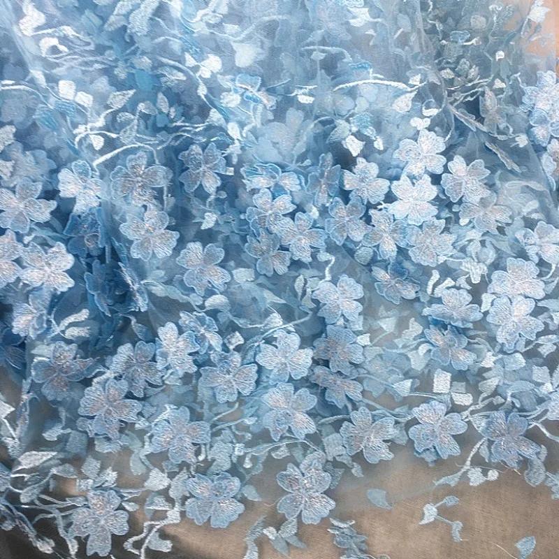 50x125cm Bleu Clair Rose Broderie Dentelle 3D Fleur Tissu Tissu pour Robe Vêtement Fond pour Mariage Senior Tournage en Direct