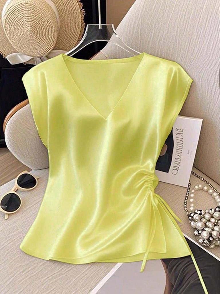 Women's V-Neck Satin T-Shirt - Summer 2026 Slim Fit, Plain Color, Short-Sleeved, Stylish Top