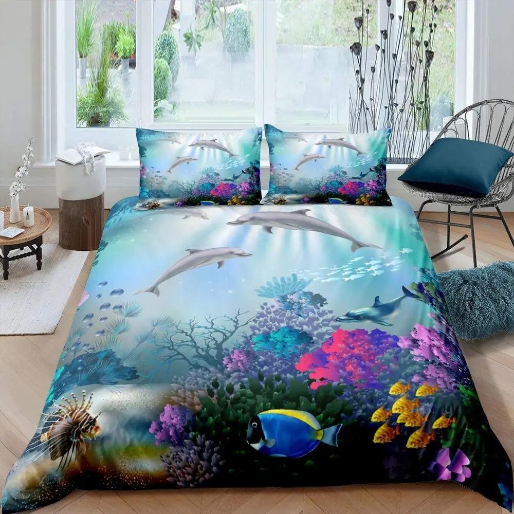 Fish Duvet Cover Set Ocean Bedding Sets 3D Printed Underwater World With Shark Dolphin Coral Reef Pattern Quilt Cover Set 2/3Pcs