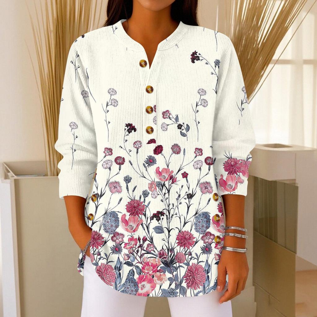 Damen Modisches Knopfkragen Langarm Weihnachtsdruck Pullover Top