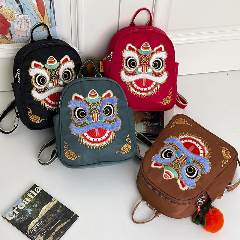 Schoolbag Guochao Lion Dance Embroidered Backpack Women's New Retro Fashion Versatile Large Capacity Go Out Play Small Backpack