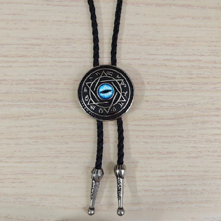 Faux Leather Bolo Tie Necklace with Tribal Elements Devil Eye Pendant Necktie for Western Parties and Everyday Wear