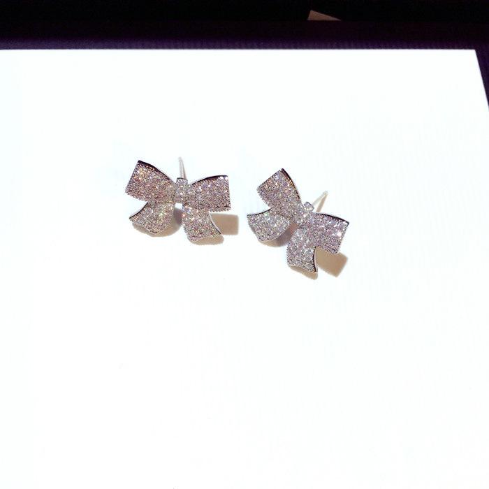 Korean Fashion Zirconia Bow Earrings for Women: Exquisite Silver Dangle Studs, Perfect for a Stylish Look and Internet Celebrity Appeal