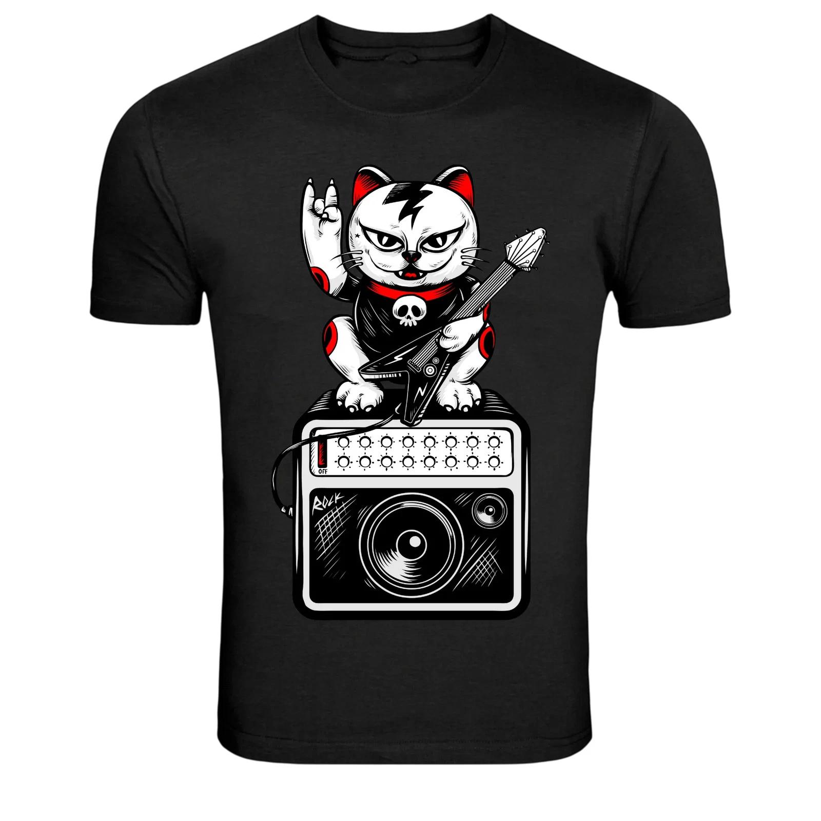 Rock Cat Maneki Neko Electric Guitar Lucky Cat Rocker T-Shirt S
