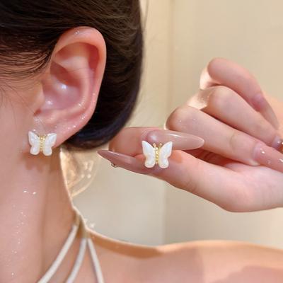 Ins Wind White Fritillary Butterfly Stud Earrings Women's Earrings Elegant Temperament Ears