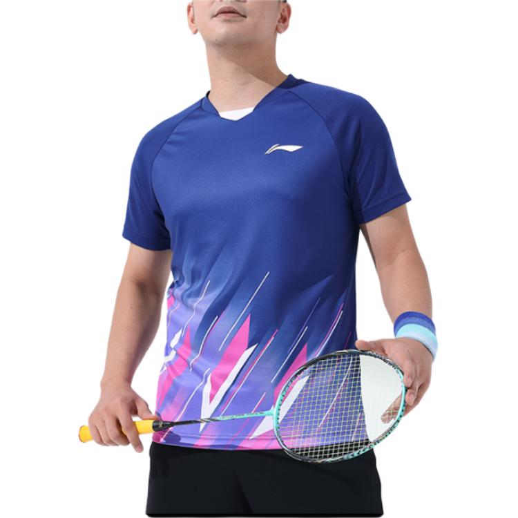 Li Ning Sports Comfortable Training Fitness Logo Short Sleeve Badminton Shirt Men tops Deep-Navy-Blue AAYT537-1