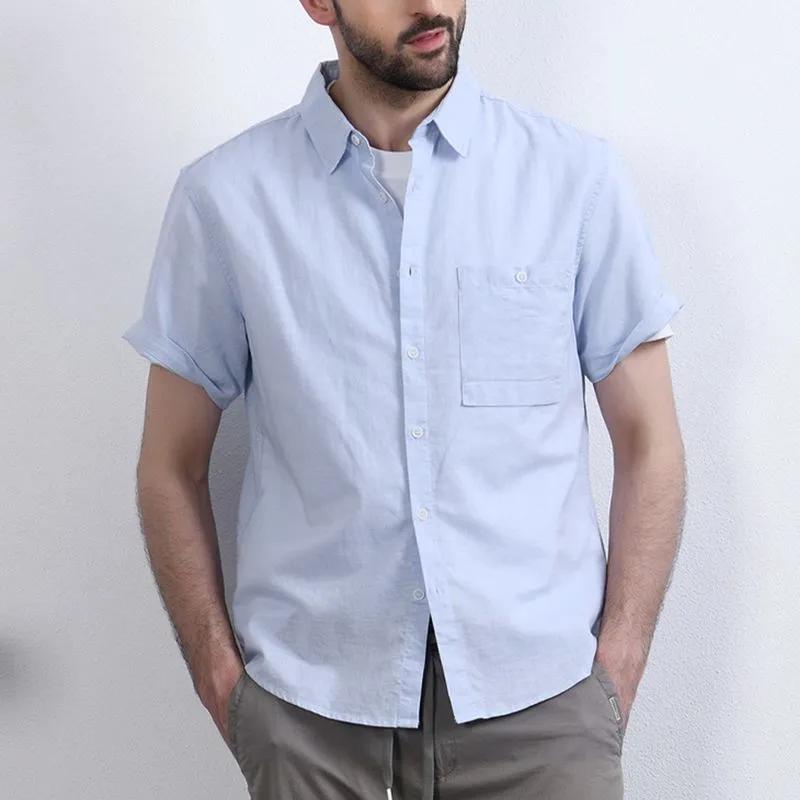 Men s Casual Solid Color Short Sleeve Button-Down Shirt S синий