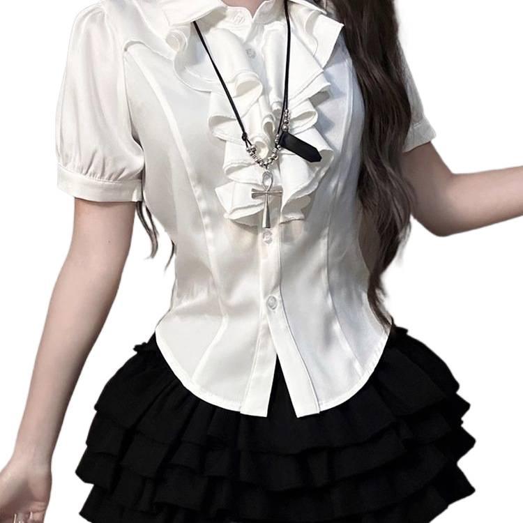 Conjunto de Top com Mangas Bufantes e Saia Fofa Estilo Gótico da Corte Coreana