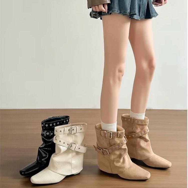 Short Boots Women's Boots Pants Tube Short Cowboy Boots Thick Heel Inner Height Increasing Knight Boots Vintage Ladme Pointed Belt Buckle