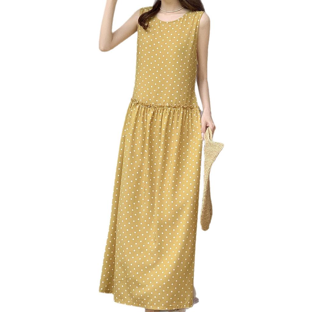 Summer sleeveless polka dot nightdress women's summer cotton silk long dress can be worn outside casual loungewear yellow high-end dress
