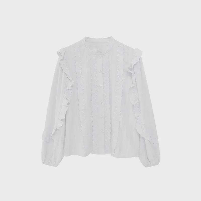 NEWOPEN 2025 Frühes Frühlingshemd im französischen Stil mit Stehkragen und Rüschensaum