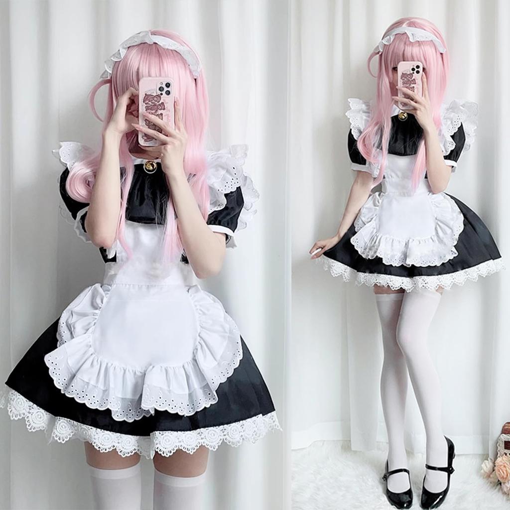 AOTYP Maid Cosplay Includes Short and Perfect for Maid and Black Women's 5-Piece Set, Dress, Length, Knee-High Socks, Apron, Headband, Bow, Cafes,