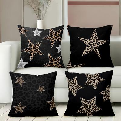 Leopard Stern Muster Schwarze Kissenbezüge Set von 4 Polyester Kissenbezug, Sofa Dekorative Kissenhülle Kopfteilkissen
