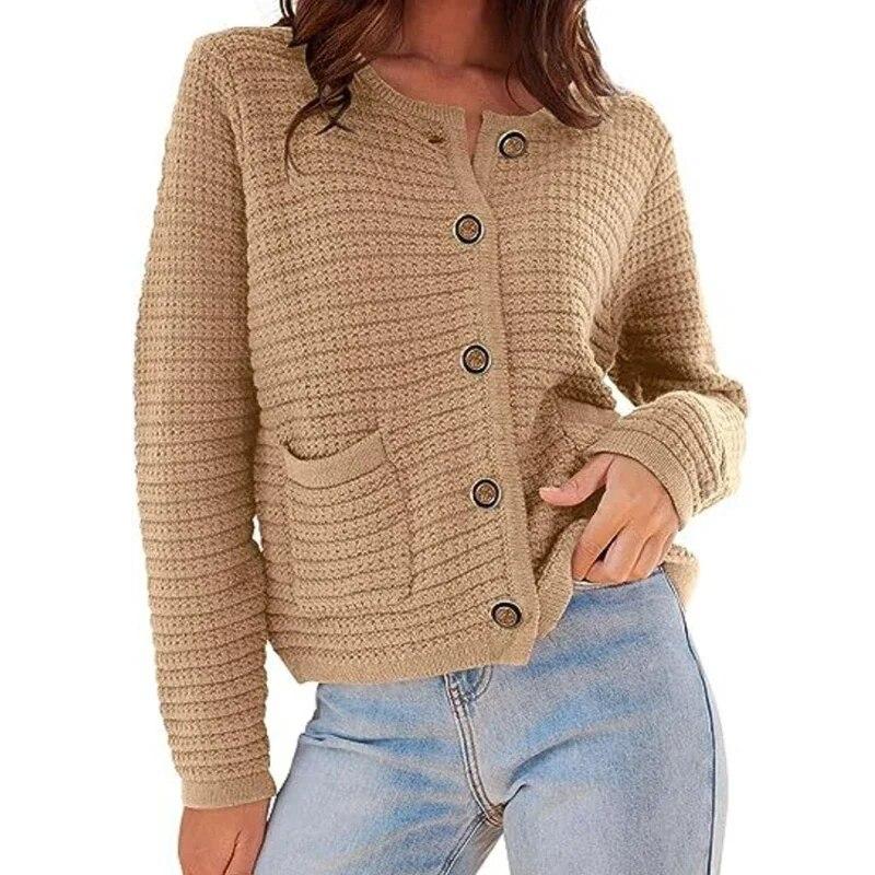 Autumn Round Neck Knitted Coat Vintage Solid Pocket Commuter Office Jacket Casual Button Long Sleeve Cardigans Winter Clothing 29764
