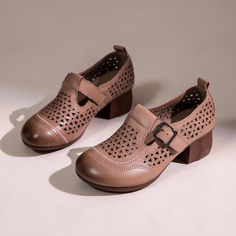 

Весна и лето новая кожа нескользящая полая сандалии для мамы средняя обувь толстый каблук обувь с отверстиями мягкая подошва нескользящая одинарная обувь женская 38