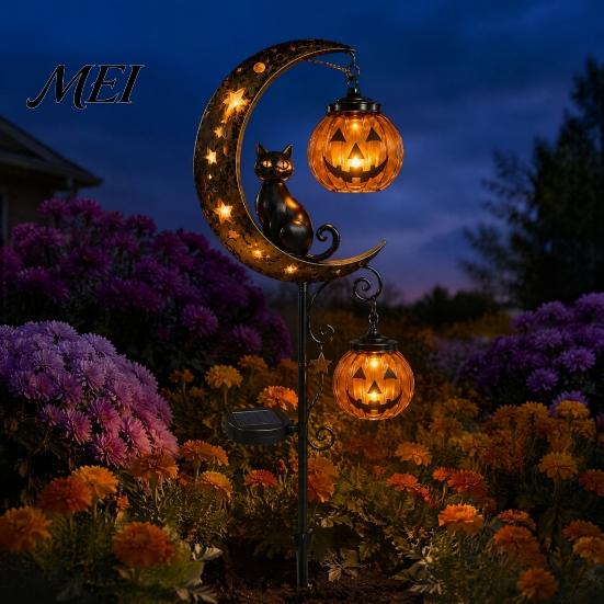 Doces ou Travessuras Acentos para Jardim Externo Halloween Luminária Solar de Estaca para Jardim, Gato Preto Abóbora na Lua Crescente com Lanterna Pendurada para Decoração de Caminho Assustador,