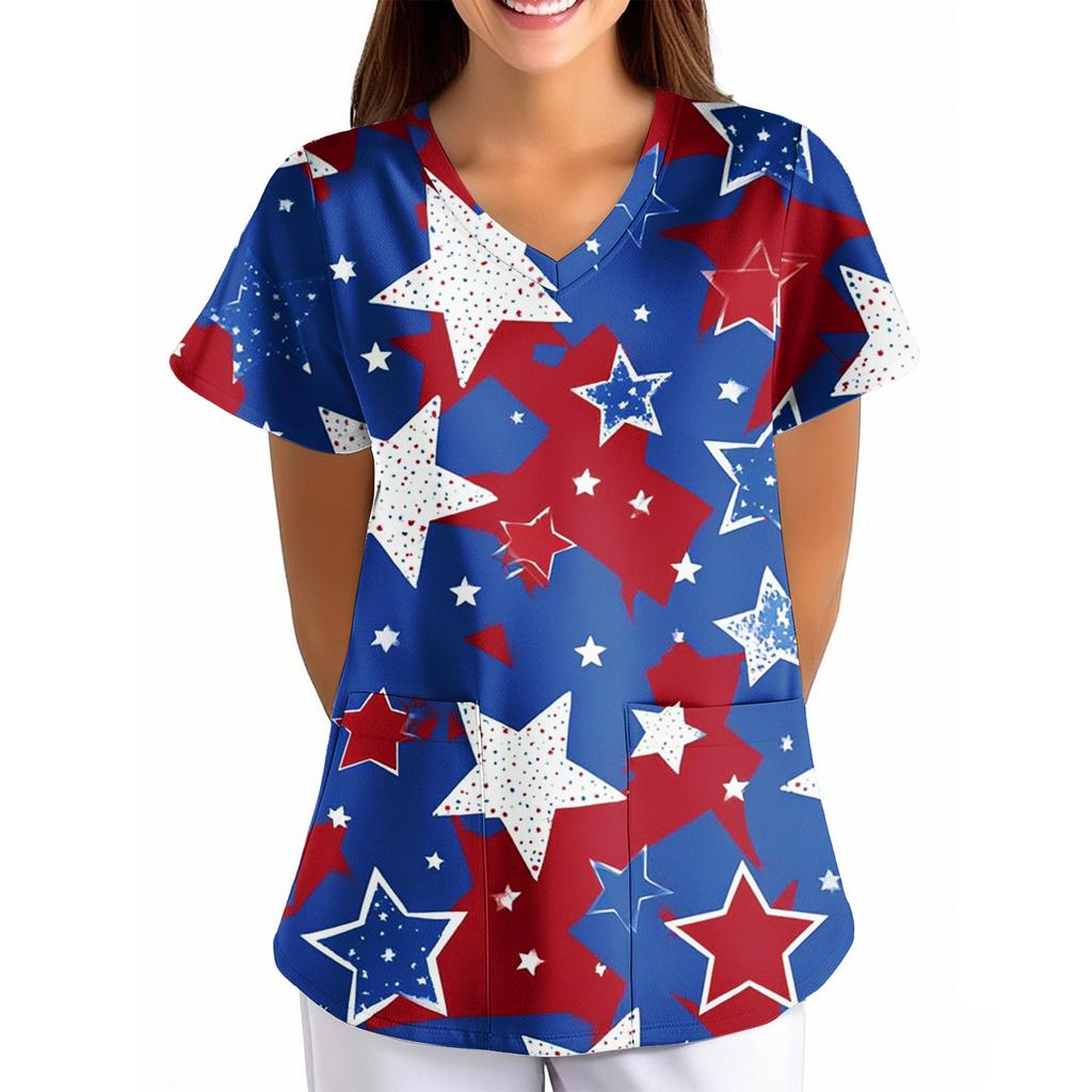 Women’s Loose Fit V Neck Short Sleeve Printed Nurse Scrub Top with Pocket Comfortable Uniform