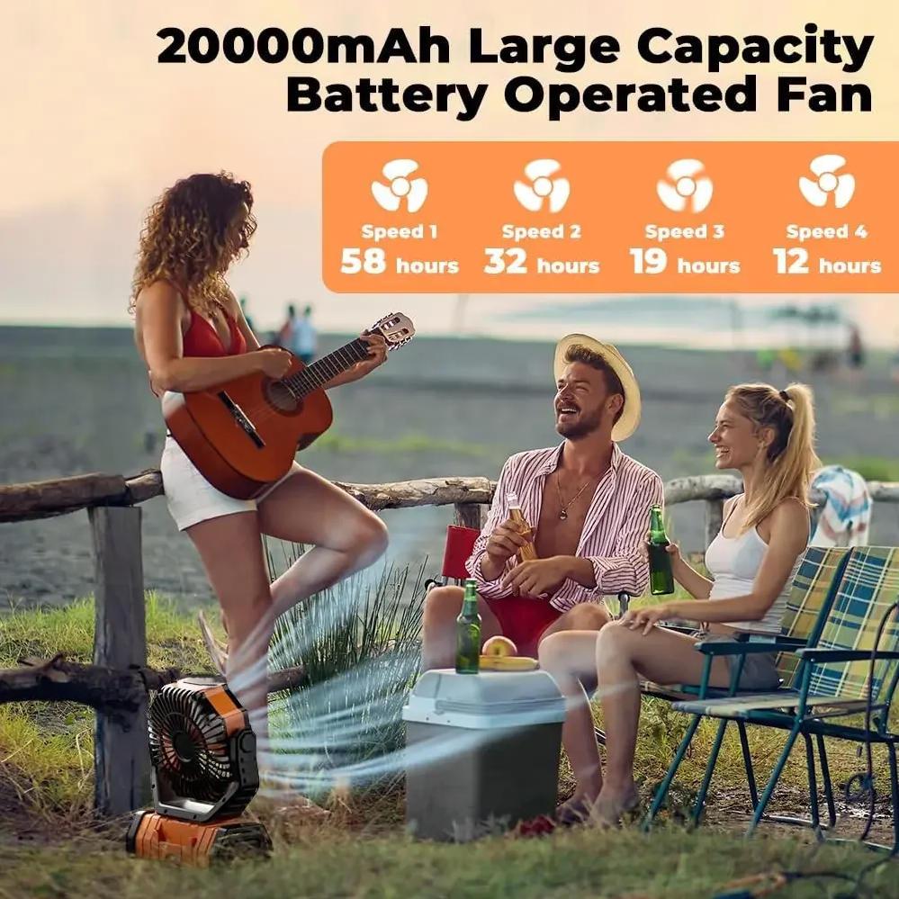 20000mAh Wiederaufladbarer Campinglüfter mit LED-Licht & Fernbedienung, 4 Geschwindigkeiten, Timer, Tragbarer Zeltlüfter, Kopfschüttelnder Haken, Design für den Außenbereich