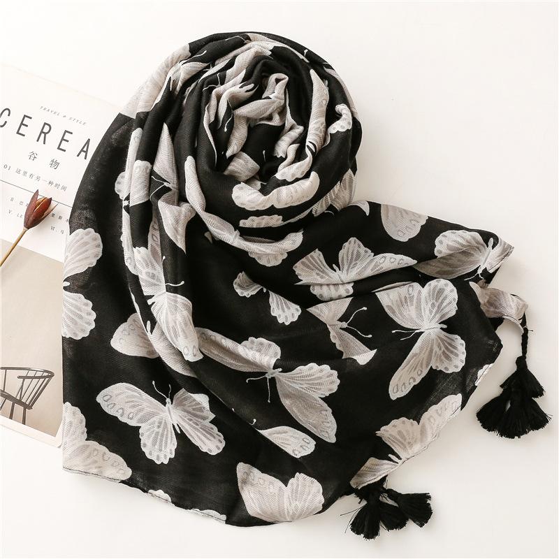Fashion Luxury Butterfly Women Viscose Scarf Ventilate Designer Shawl Cotton Linen Tassel Pashmina Muslim Hijab Wrap