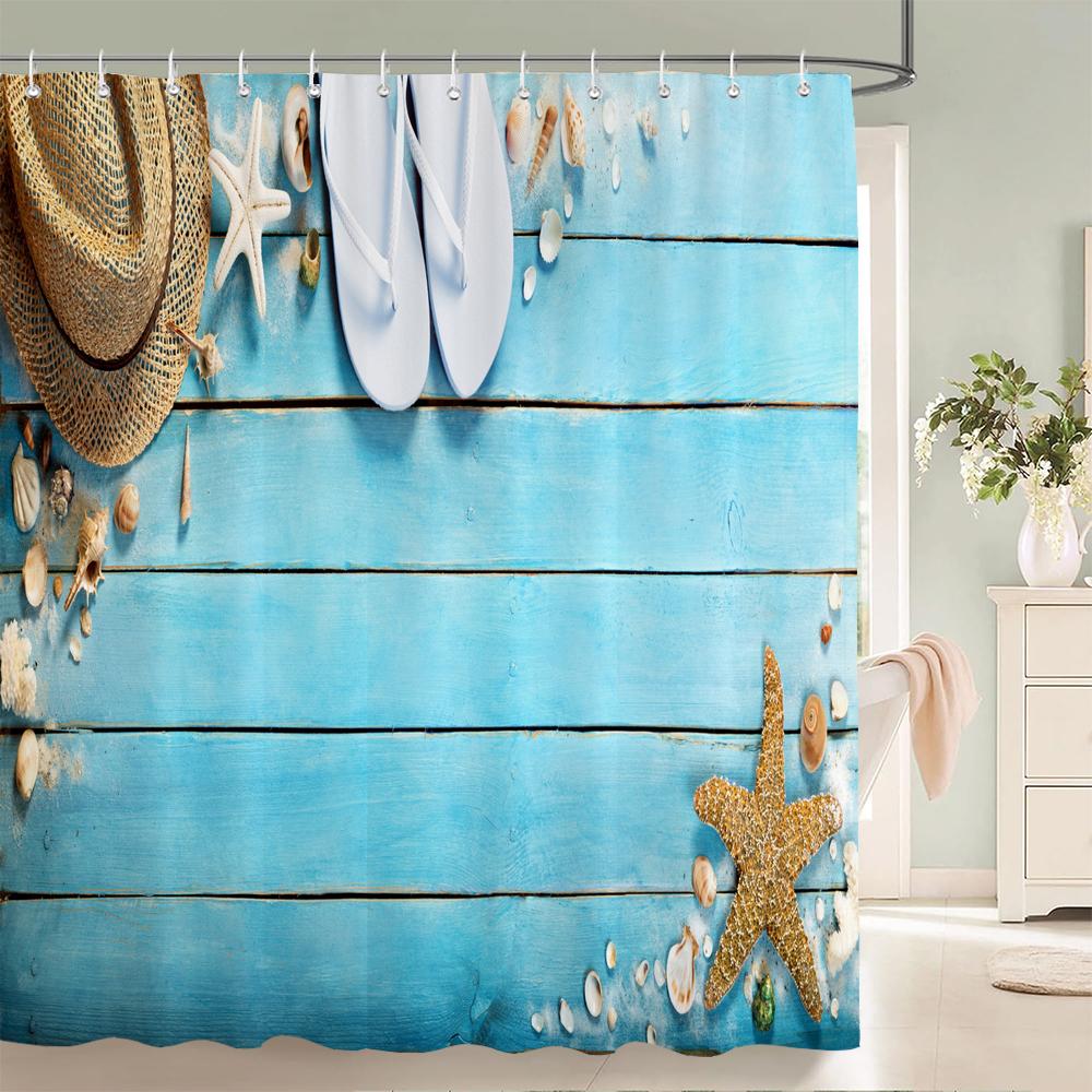 Blue Ocean Beach Shell Starfish Shower Curtains Bathroom Curtains Waterproof Polyester Bath Curtain With 12 Hooks Shower Curtain