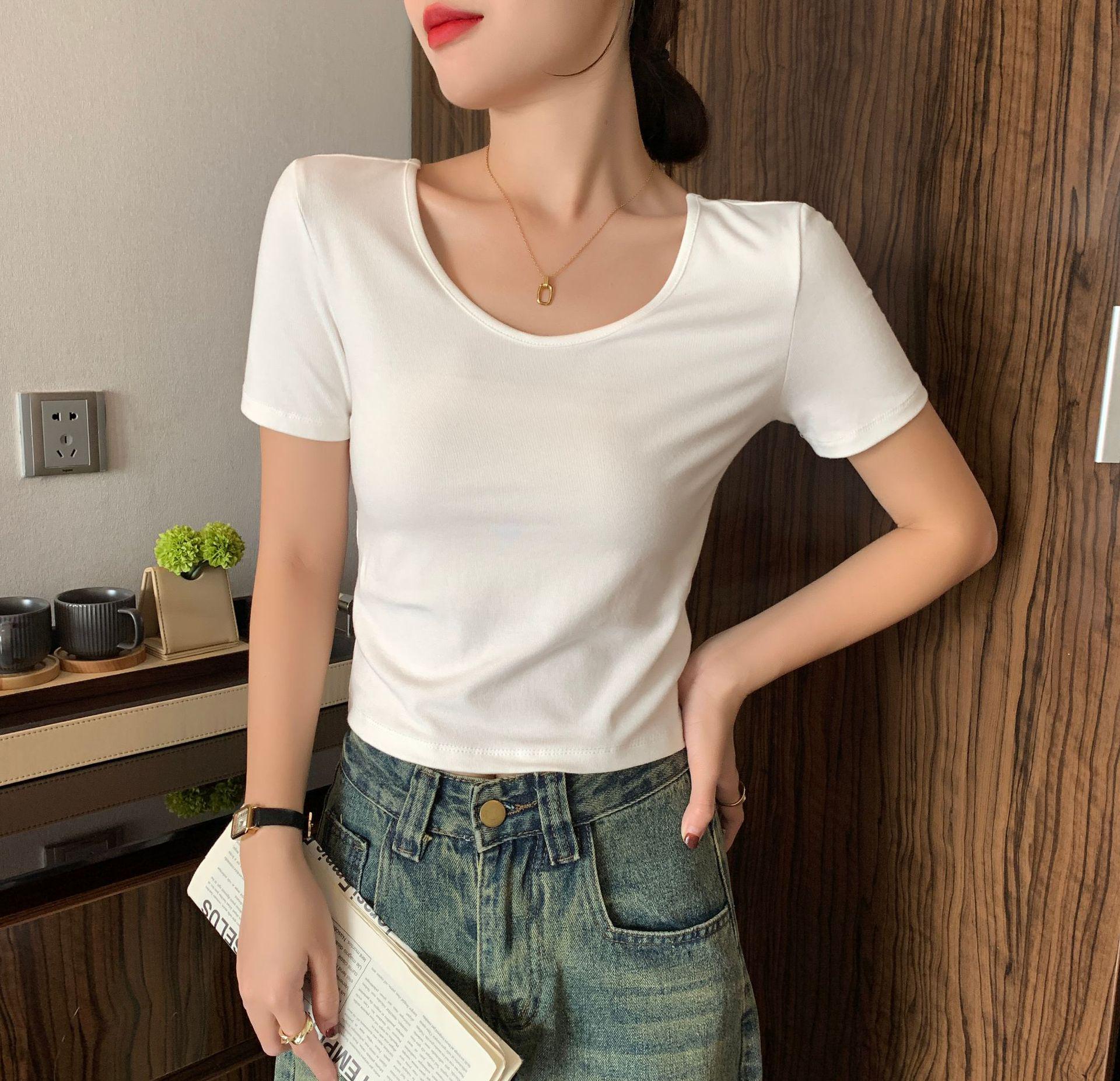 

Женский укороченный топ в рубчик с V-образным вырезом - Облегающий летний стиль с коротким рукавом S (below 90 lbs recommended) белый