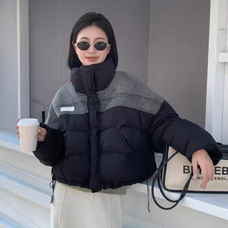 White duck down European station stand-up collar splicing denim down jacket women's winter new thickened warm jacket tide