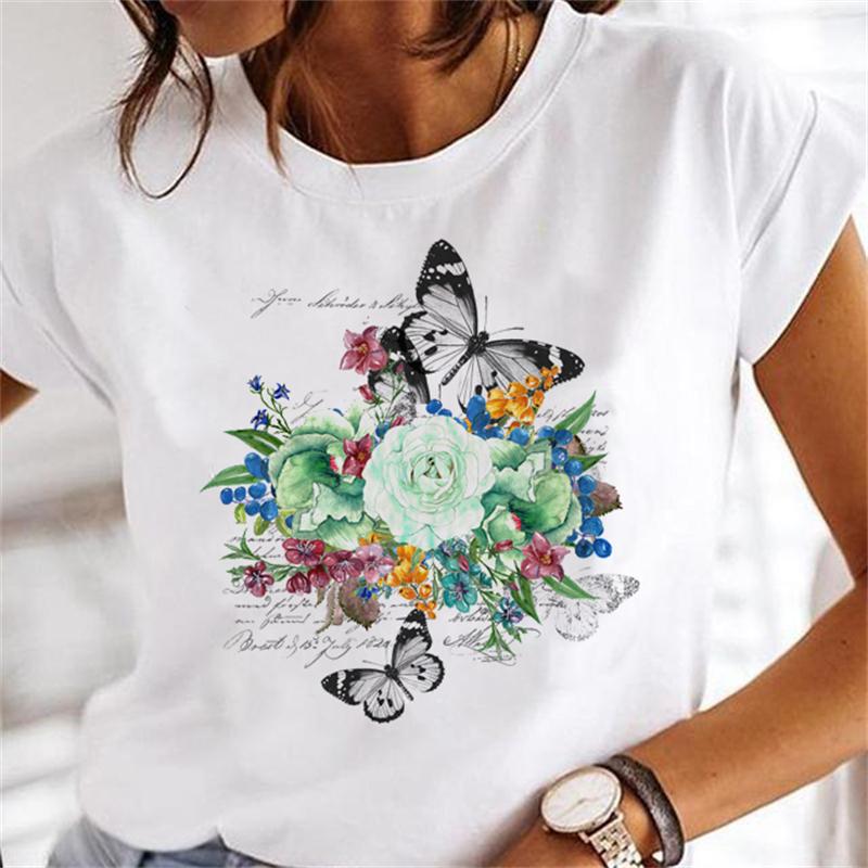 Summer Print Crew Neck Flower Plant Cut 90's T-shirt Top Short Sleeve Fashion Women's Cartoon Casual Graphic T-shirt.