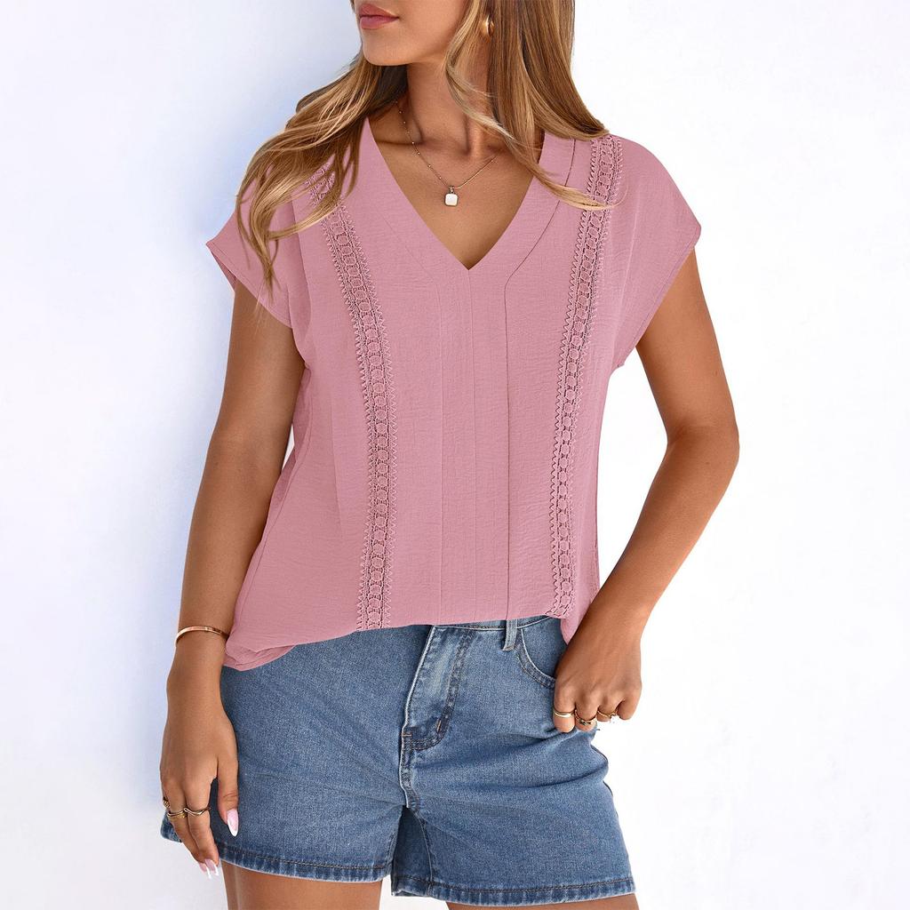 Women's Casual Fashion Ruched V,Neck Hollow Out Lace Trim T,Shirt Top