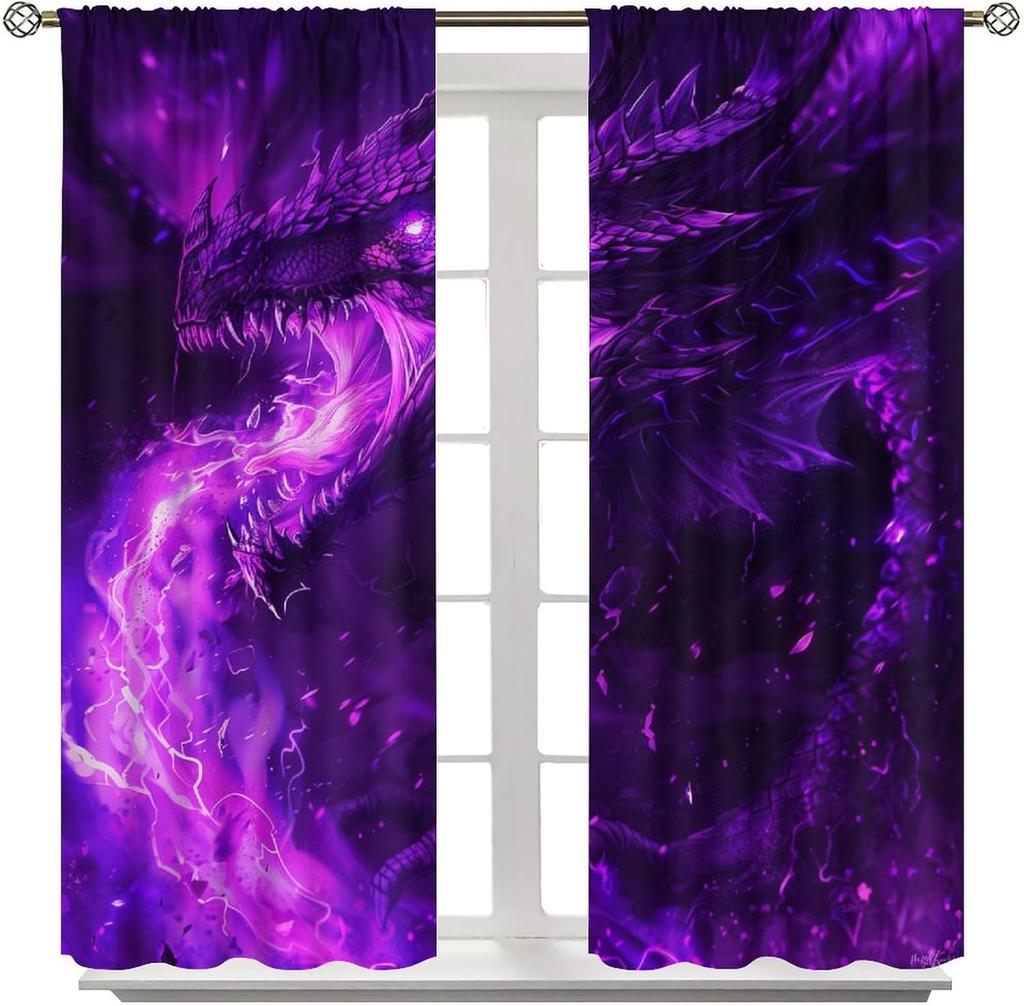 Fantasy Dragon Curtains   Mystery 3D Purple Magic Fantasy Lightning Dragon Flame Window Treatments   Thermally Insulated Rod Pocke