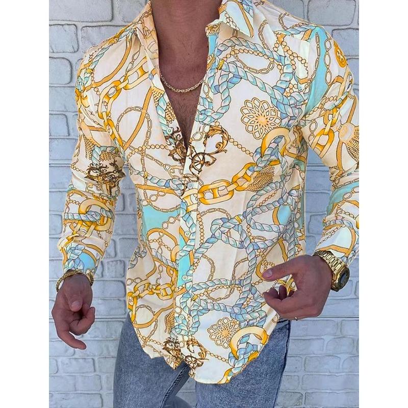 Men's Red Patterned Long-sleeved Shirt Men's Casual Versatile Fashion Street Men's Shirt Lapel Single-breasted Long Sleeve