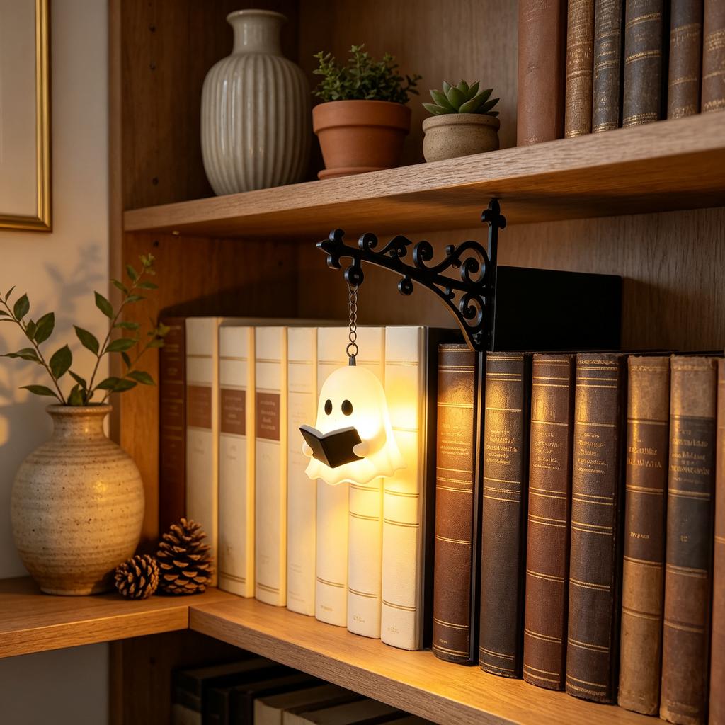 Retro Metal Bookend Hanging LED Lamp, Replaceable Warm Light Fixture for Bookshelf Indoor Decor & Halloween Holiday Ornament