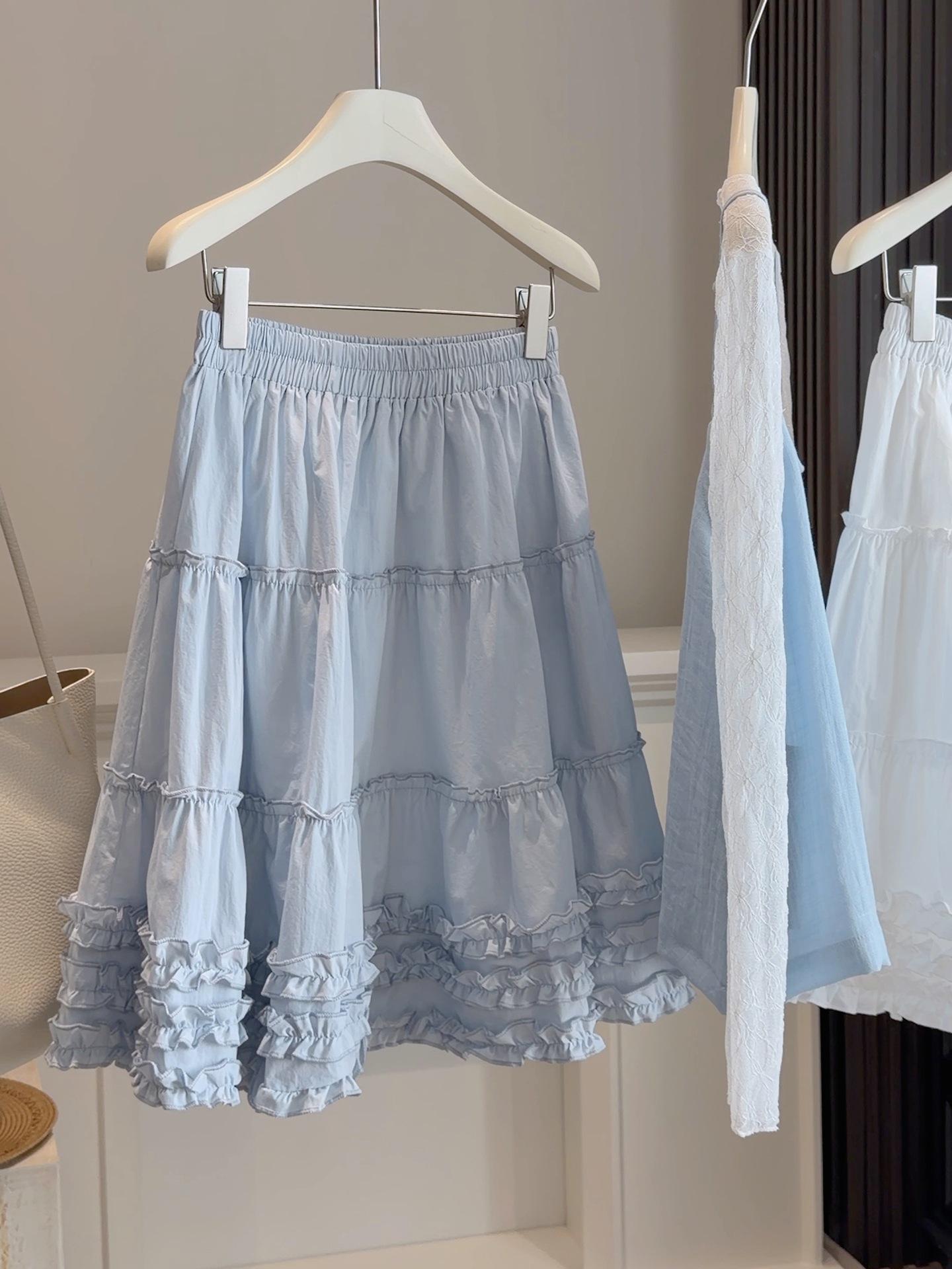 White Sweet Ruffled A-line Midi Skirt - Women s Summer High-Waisted Versatile Petite Style One Size синий