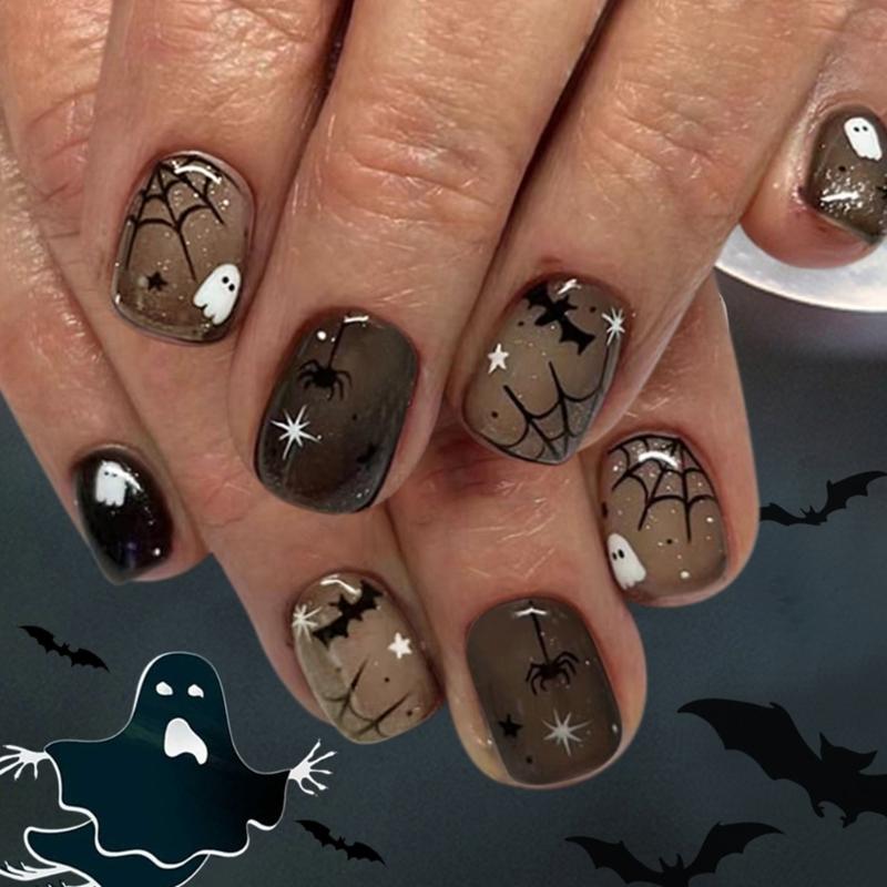 

Halloween Faux Nails 24PCS Dark Cobweb Glittering Ghosty And Skeletons Easy Application For Parties 1