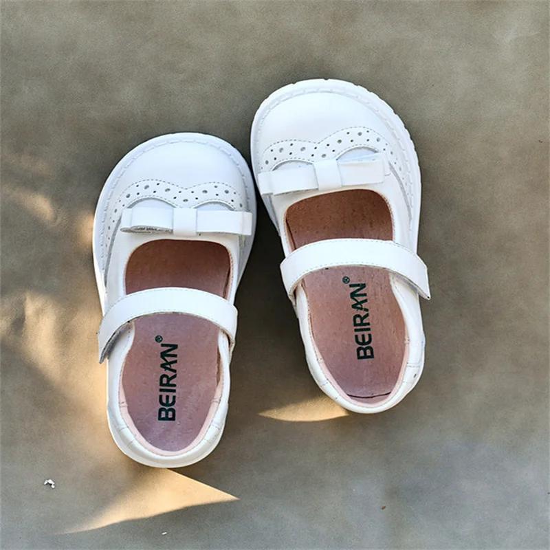 2026 Spring Children Genuine Leather Shoes Black White Toddler Girls Flat Shoes Fashion Bow Kids School Shoes Girl High Quality